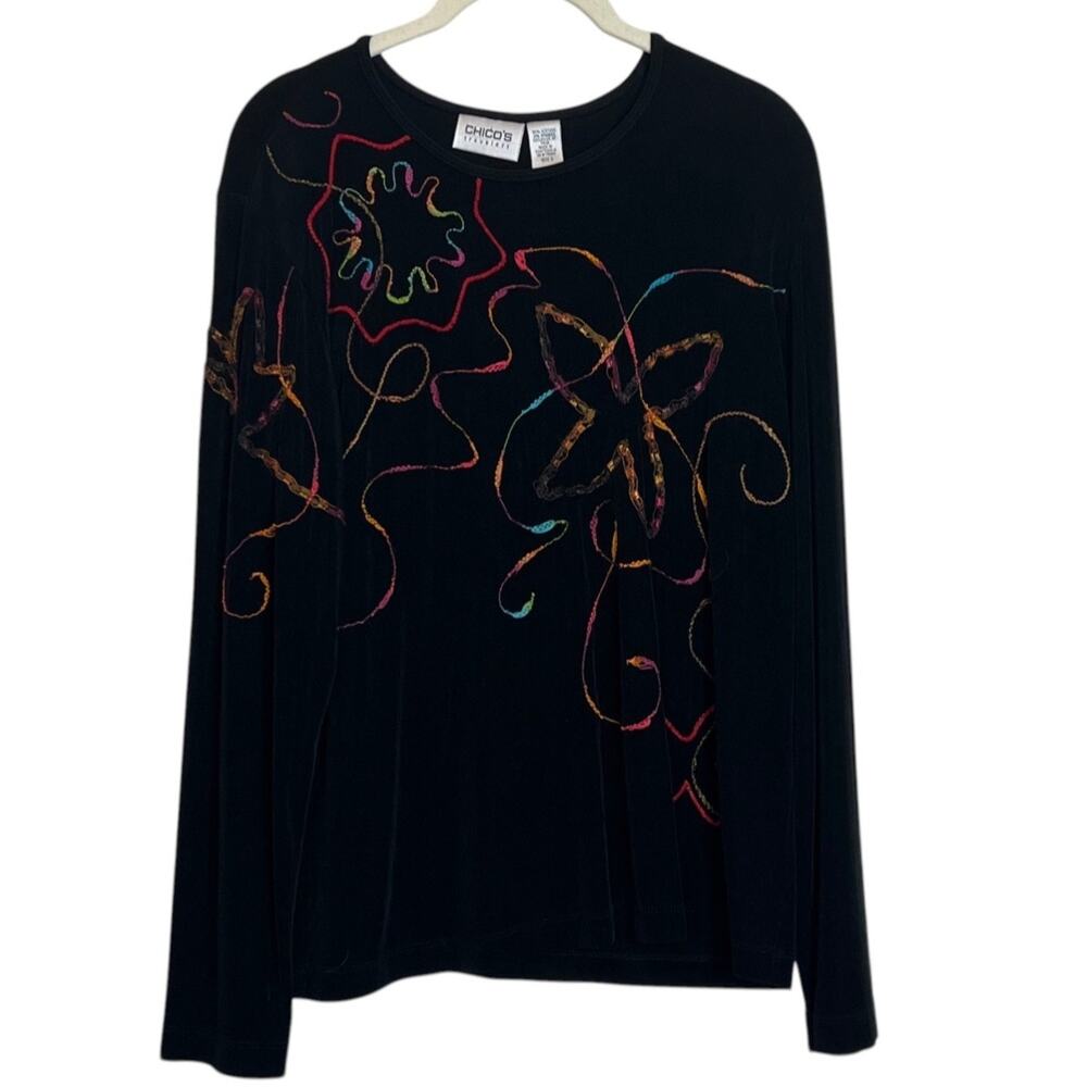 Chicos Travelers Womens Embroidered Slinky Knit Top Size 2 Black